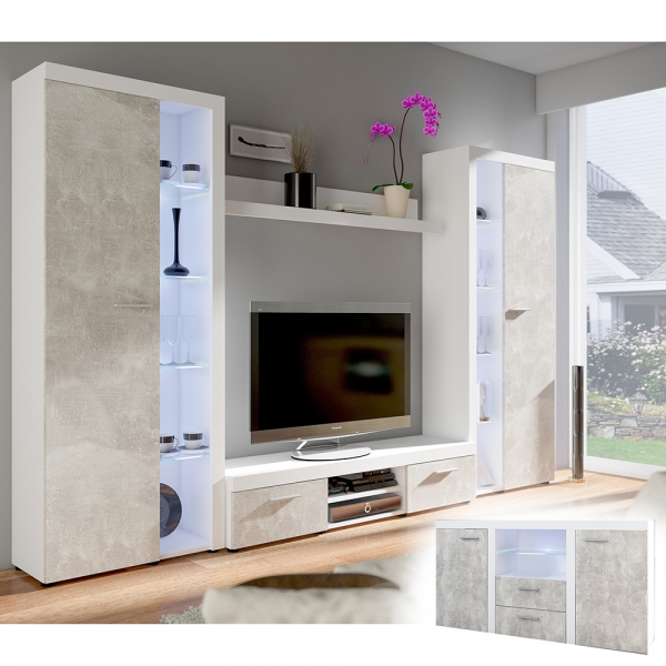Obývací stěna RUMBA XL + komoda 2F2S | 300 + 156,4 cm | bílá/beton