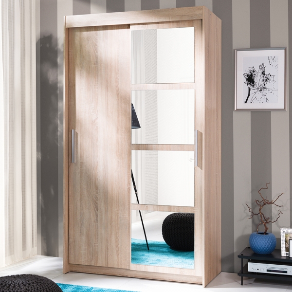 Šatní skříň NERON | 120 cm | se zrcadlem | posuvné dveře | sonoma