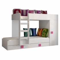 Dvoupatrová postel s přistýlkou TOLEDO 2 | bílá/bílá-lesk-růžové úchyty | UNIVERZÁLNÍ