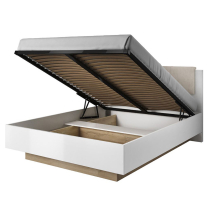 ARCO | postel dvoulůžko 160x200 + 2x noční stolek s LED + rošt s úložákem + matarace | bílá mat/lesk/dub grandson