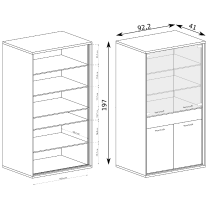 Mediolan - vitrína M3 + KOVOVÉ NOŽIČKY - natural hikora + dekorační deska