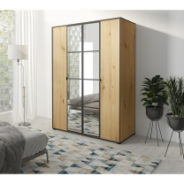Šatní skříň OSLO 1 | se zrcadlem | 150 cm | dub artisan/černá
