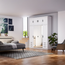 Šatní skříň ELENA 4D 6S + zrcadlo + nástavec + 6x zásuvka | 176,3 cm | bílá