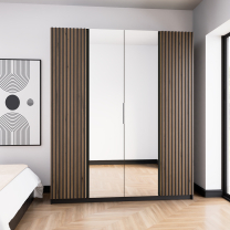 Šatní skříň KAJA 2LAM 2LU | 200 cm | se zrcadly | VYSOKÁ | černá + lamely