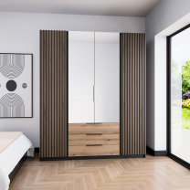 Šatní skříň KAJA 2LAM 2LU 3S | 200 cm | se zrcadly | VYSOKÁ | černá/evoke + lamely