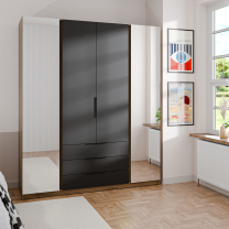 Šatní skříň KAJA 2LU 2F 3S | 200 cm | se zrcadly | VYSOKÁ | evoke/černá