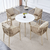 Zahradní sestava MAME D | 1x stůl MELODY ⌀ 80 x 71 cm + 4x židle MADERA s polstrováním | béžová/bílá
