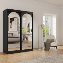Šatní skříň MODIN | se zrcadlem | 150 cm | černá/černé úchyty