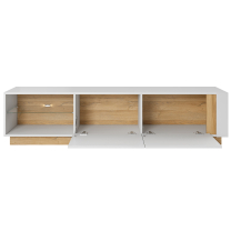 Obývací stěna ARCO s komodou | 6 dílů | 319,5 cm + 138,2 cm | PUSH OPEN | bílá mat/lesk/dub grandson