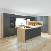 Kuchyně LANGEN šp | s ostrůvkem | 450x230 cm + 155x120 cm | SOKL v CENĚ | push open | artisan/šedá