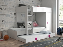 Dvoupatrová postel s přistýlkou TOLEDO 2 | bílá/bílá-lesk-růžové úchyty | UNIVERZÁLNÍ