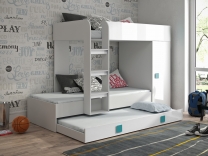 Dvoupatrová postel s přistýlkou TOLEDO 2 | bílá/bílá-lesk-tyrkysové úchyty | UNIVERZÁLNÍ
