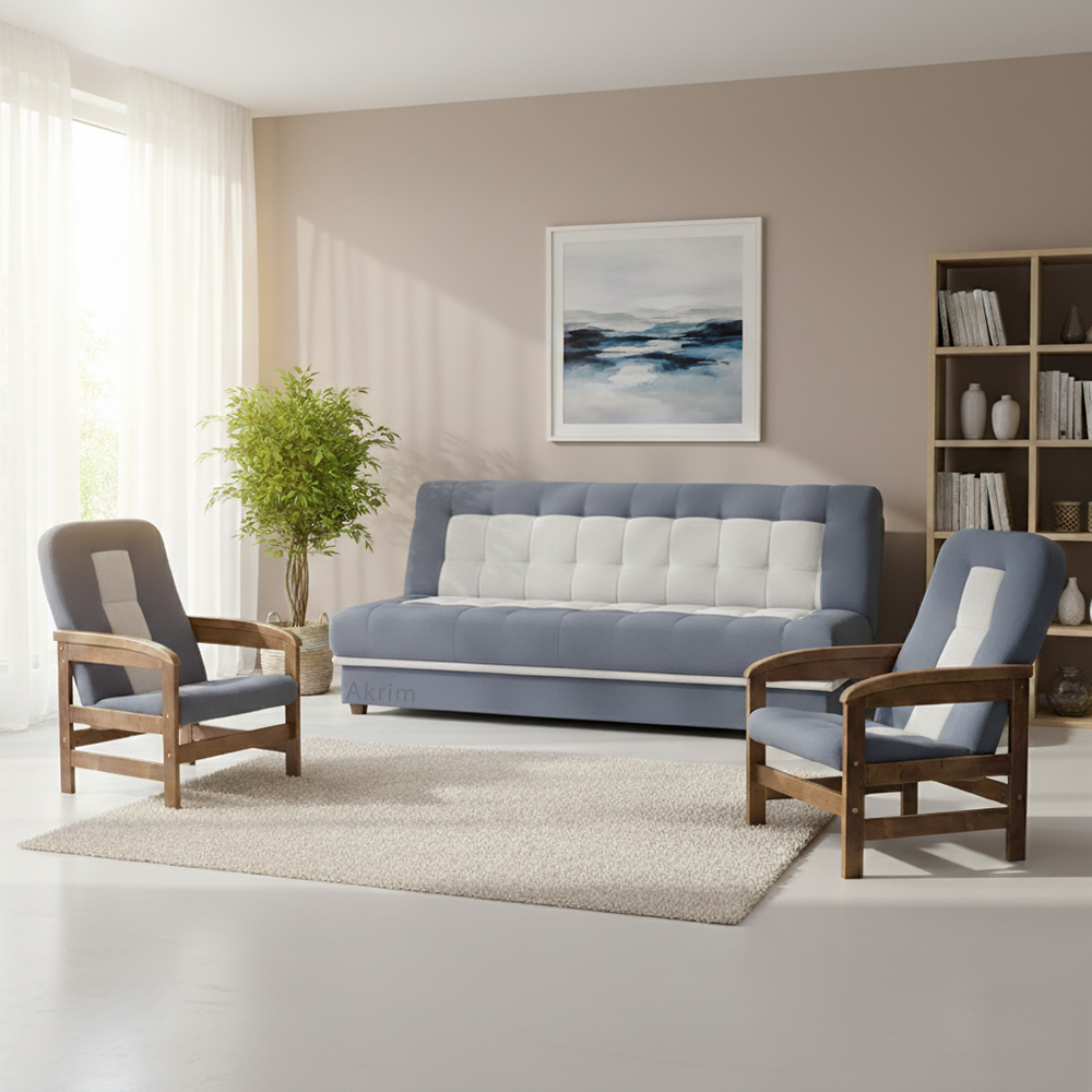 Sedací sestava TOFFI 3+1+1 | rozkládací + úložný prostor | VÝBĚR TKANIN a ODSTÍNU DŘEVA