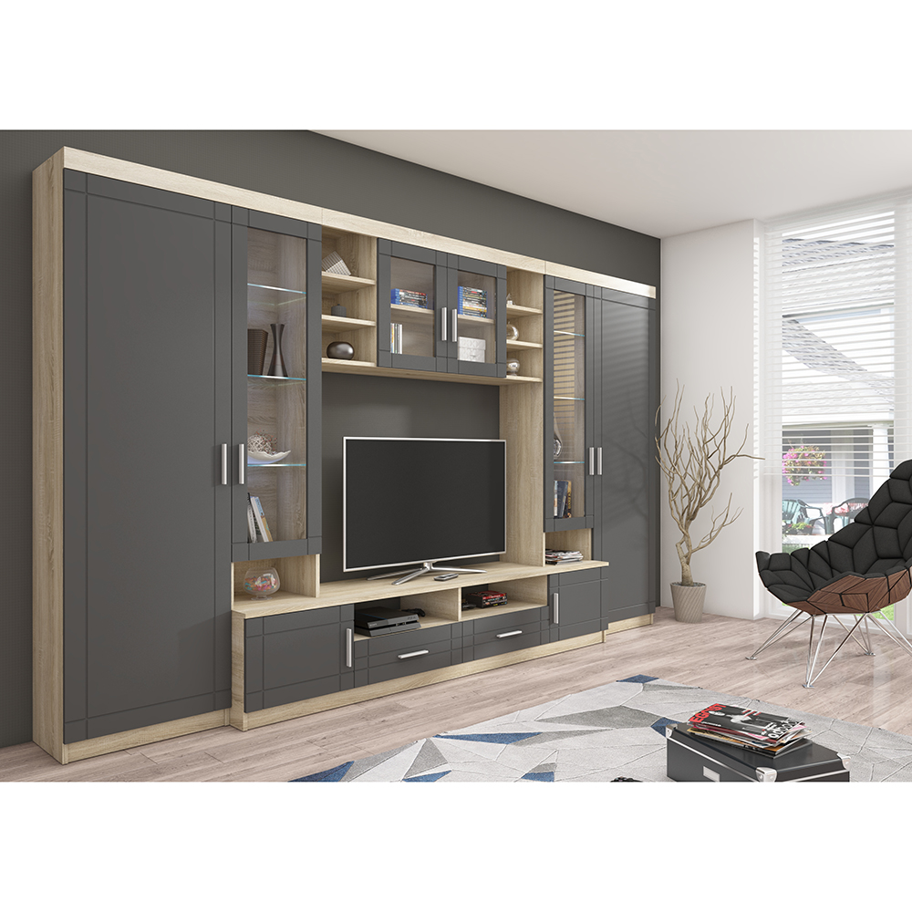 Obývací stěna PARIS | 340 cm | sonoma/grafit MDF