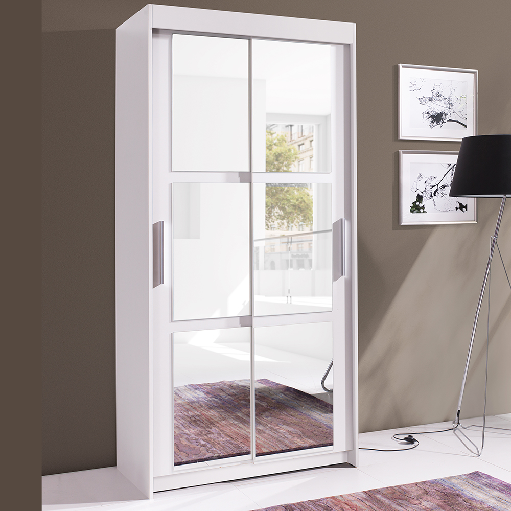 Šatní skříň KARO | 100 cm | se zrcadlem | posuvné dveře | bílá