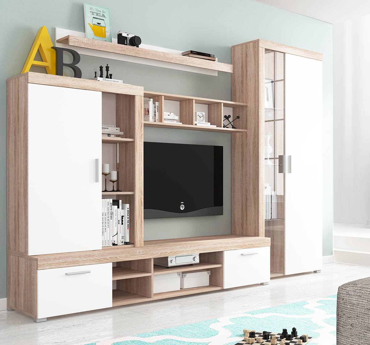 Obývací stěna Tom - sonoma/bílá SKLADEM 1 ks