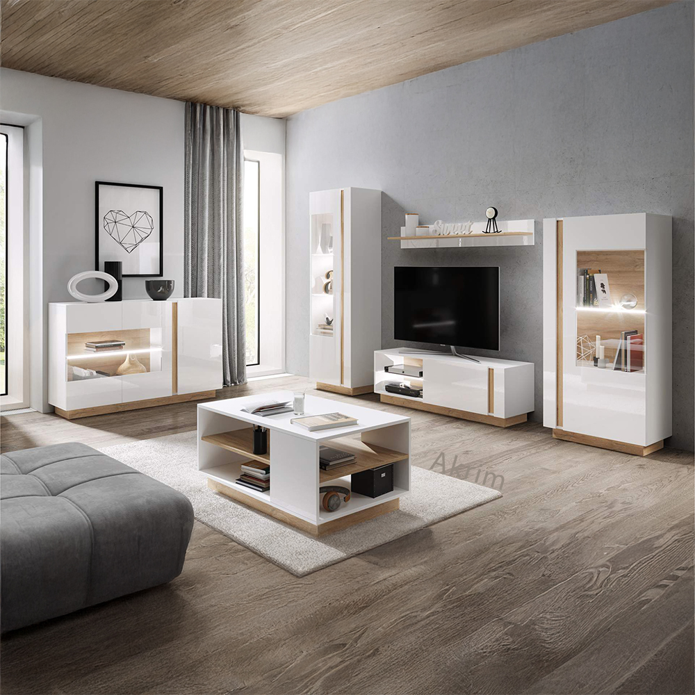 Obývací stěna ARCO s komodou | 6 dílů | 270 cm + 138 cm + 100x60 cm | bílá mat/lesk/dub grandson