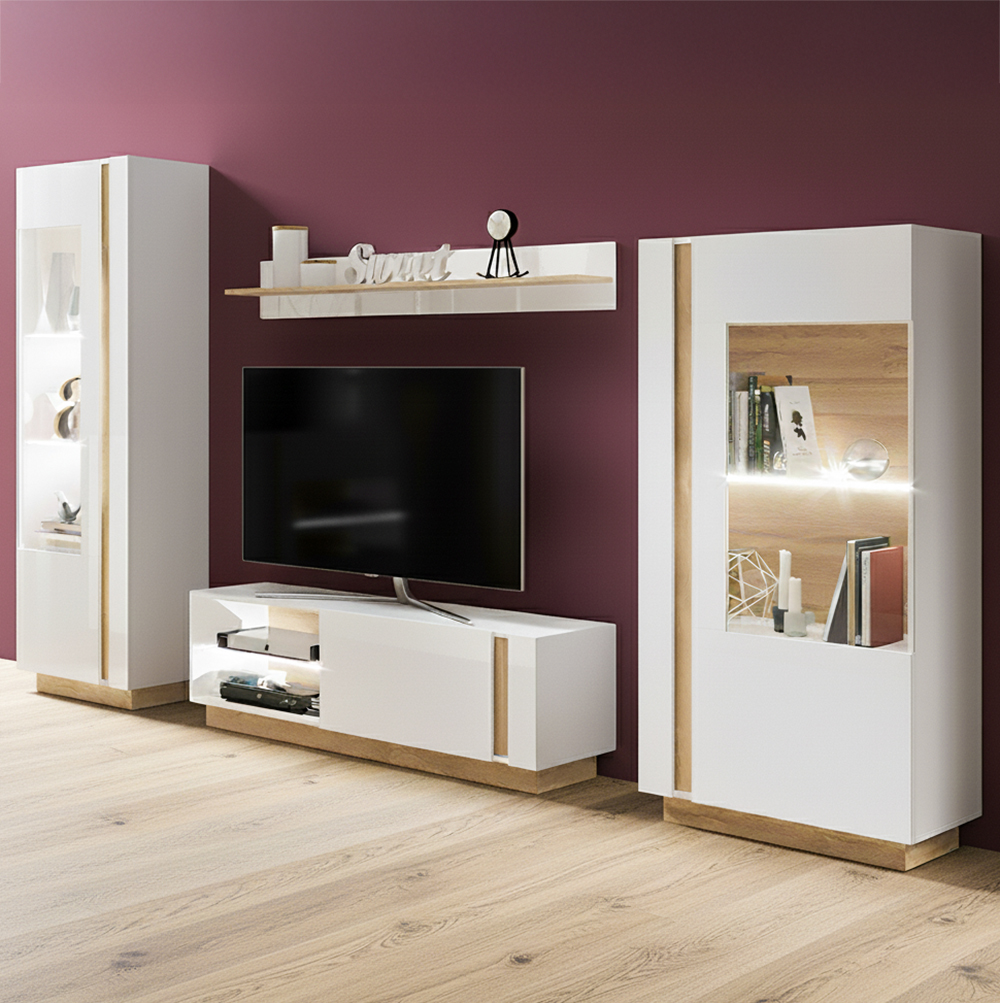 Obývací stěna ARCO s komodou | 6 dílů | 270 cm + 138 cm + 100x60 cm | bílá mat/lesk/dub grandson