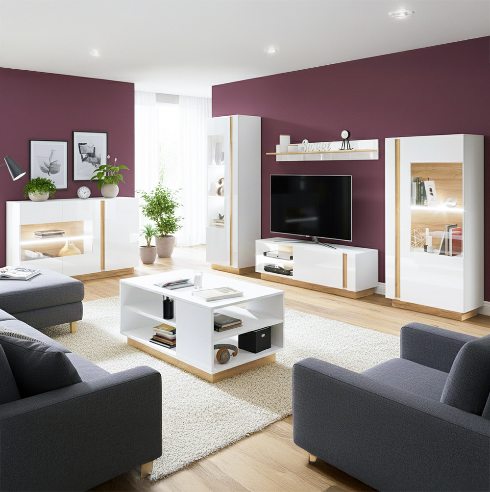 Obývací stěna ARCO s komodou | 6 dílů | 270 cm + 138 cm + 100x60 cm | bílá mat/lesk/dub grandson