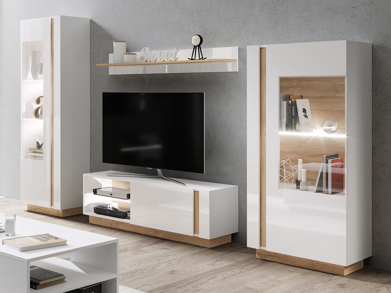 Obývací stěna ARCO | 4 díly | 270 cm | PUSH OPEN | bílá mat/lesk/dub grandson