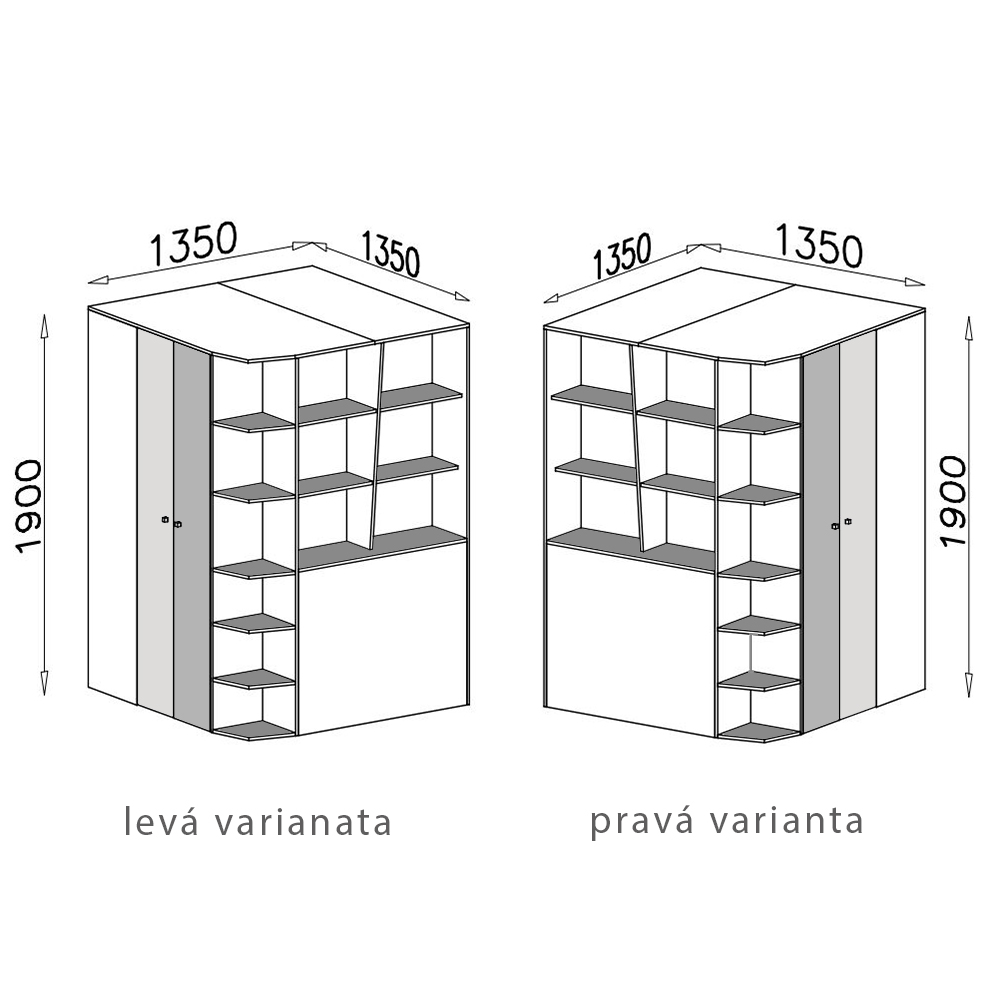 DELTA | šatní skříň rohová DL1 | 135x135 | UNI provedení | dub/antracit