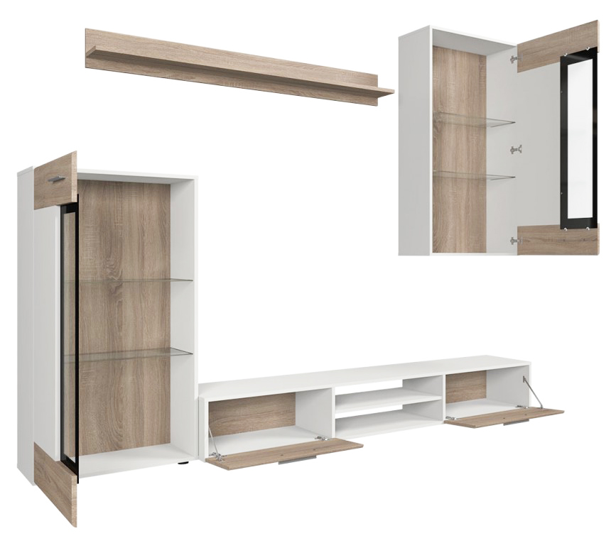 Obývací stěna TANGO + komoda | 235 cm + 169 cm | bílá/sonoma | AKCE do VYPRODÁNÍ