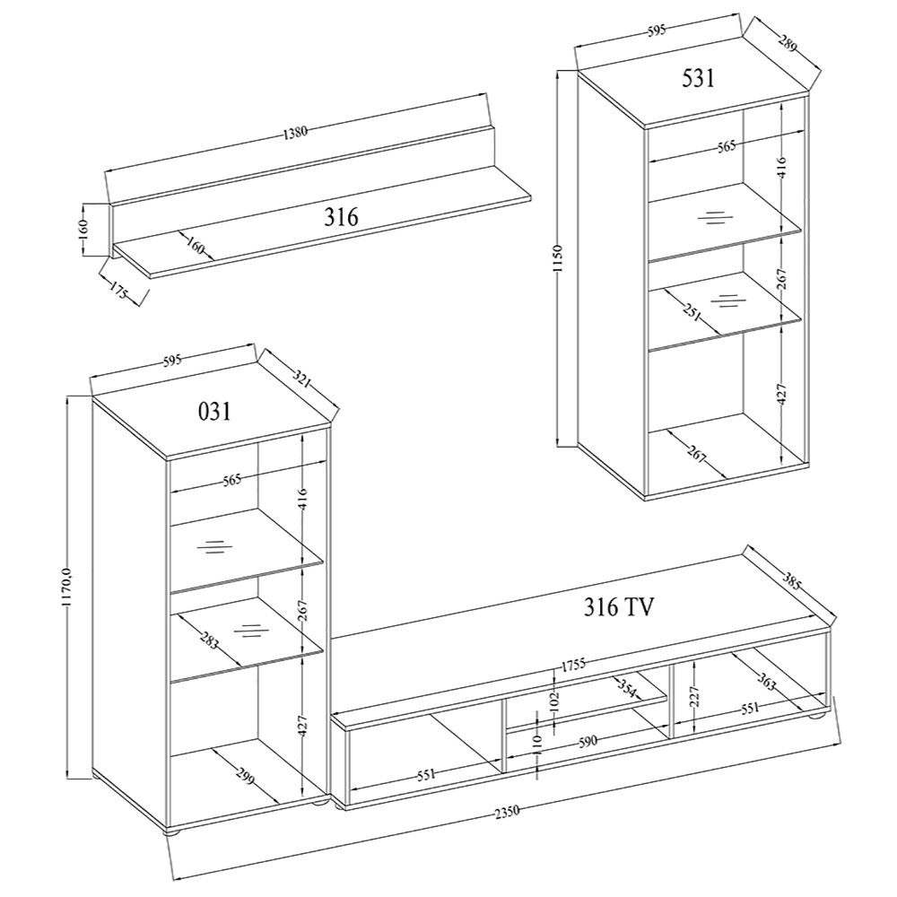 Obývací stěna TANGO + komoda | 235 cm + 169 cm | bílá/sonoma | AKCE do VYPRODÁNÍ
