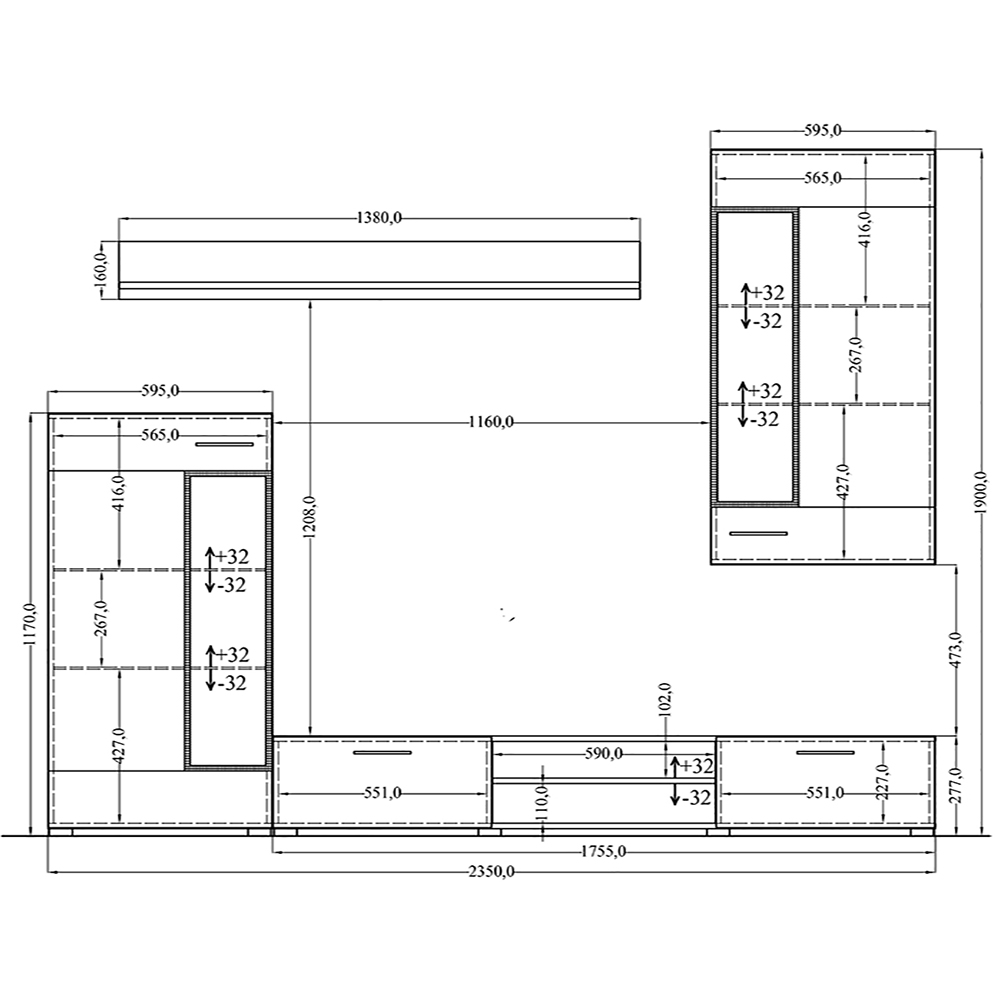 Obývací stěna TANGO + komoda | 235 cm + 169 cm | bílá/sonoma | AKCE do VYPRODÁNÍ
