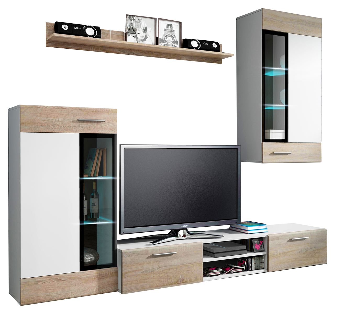 Obývací stěna TANGO + komoda | 235 cm + 169 cm | bílá/sonoma | AKCE do VYPRODÁNÍ