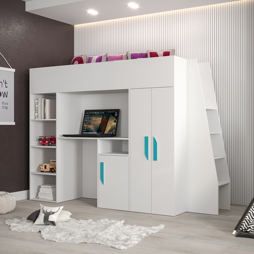 Patrová postel PARTY 15 | bílá/bílá-lesk-tyrkysové úchyty | UNIVERZÁLNÍ