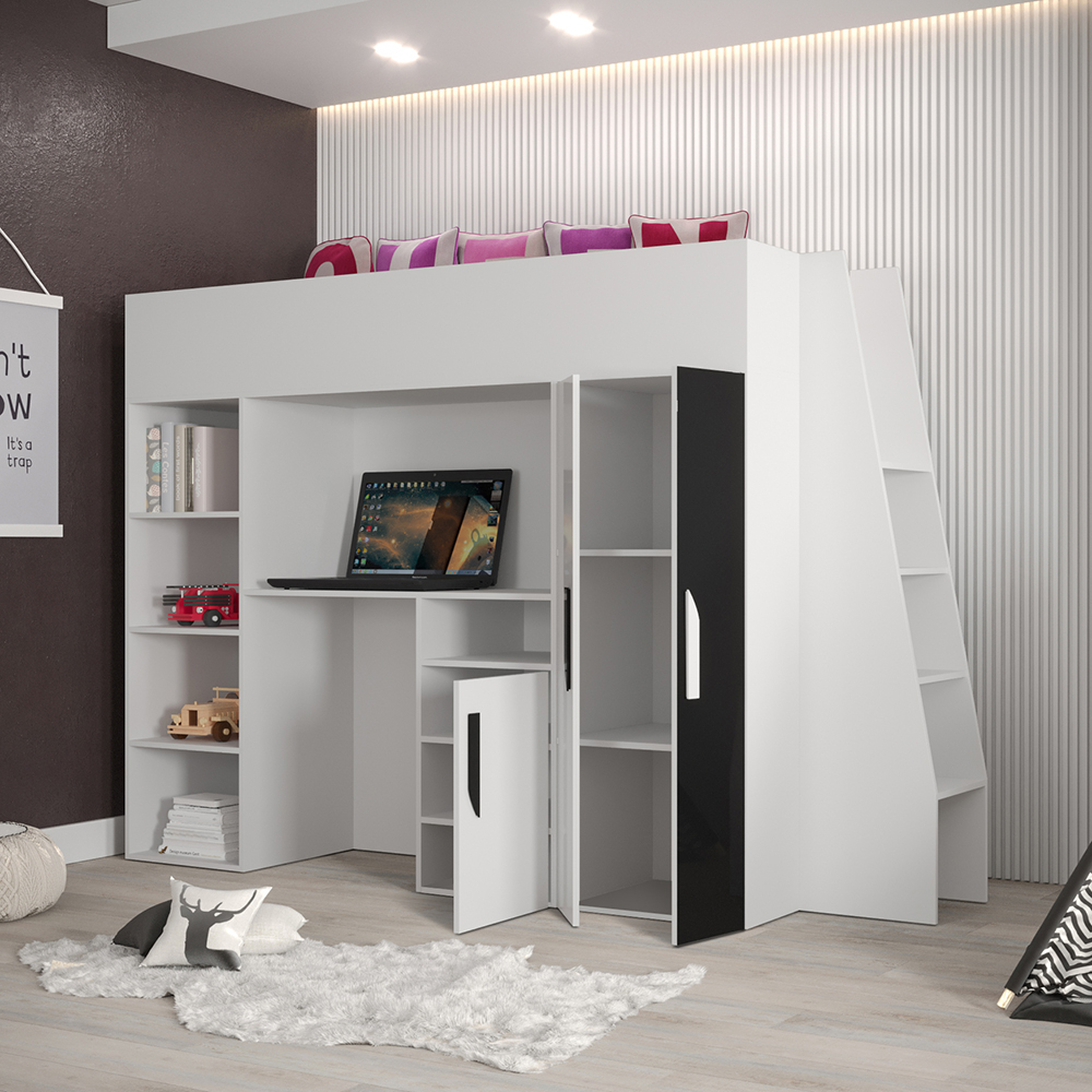 Patrová postel PARTY 15 | bílá/bílá-lesk-tyrkysové úchyty | UNIVERZÁLNÍ