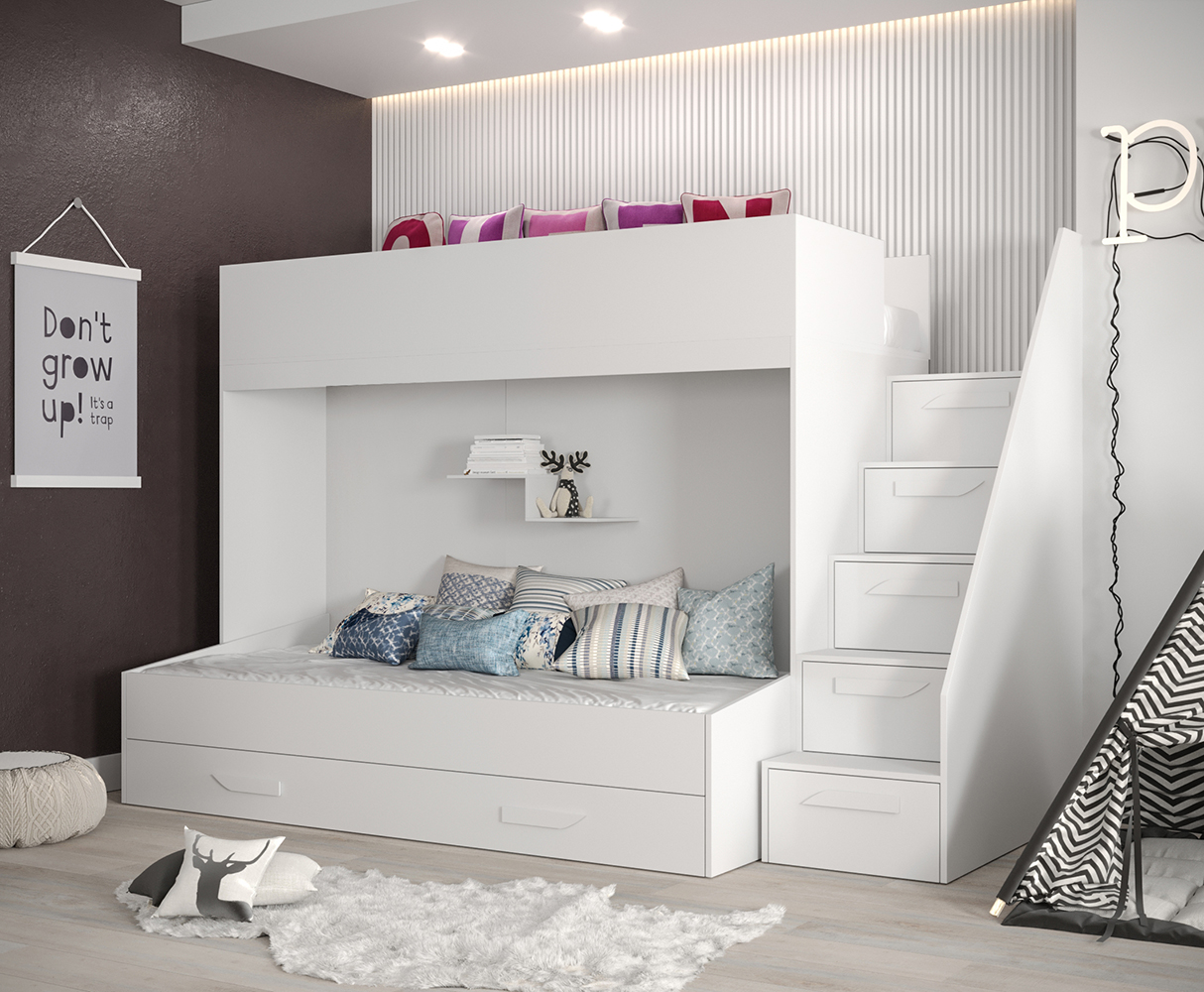 Dvoupatrová postel PARTY 16 | bílá/bílá-lesk-bílé úchyty | UNIVERZÁLNÍ