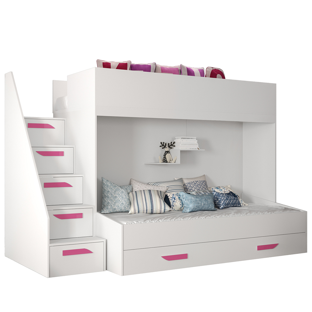 Dvoupatrová postel PARTY 16 | bílá/bílá-lesk-růžové úchyty | UNIVERZÁLNÍ