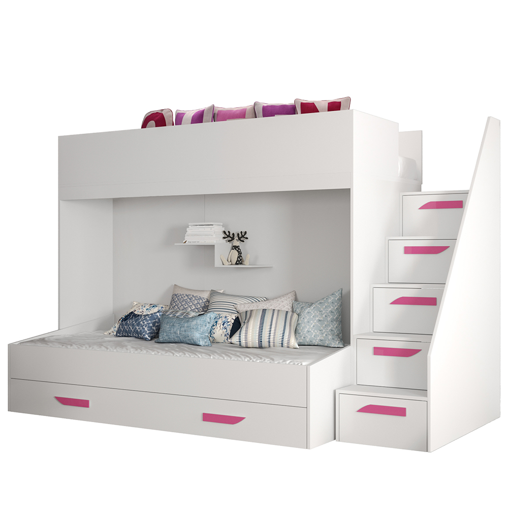 Dvoupatrová postel PARTY 16 | bílá/bílá-lesk-růžové úchyty | UNIVERZÁLNÍ