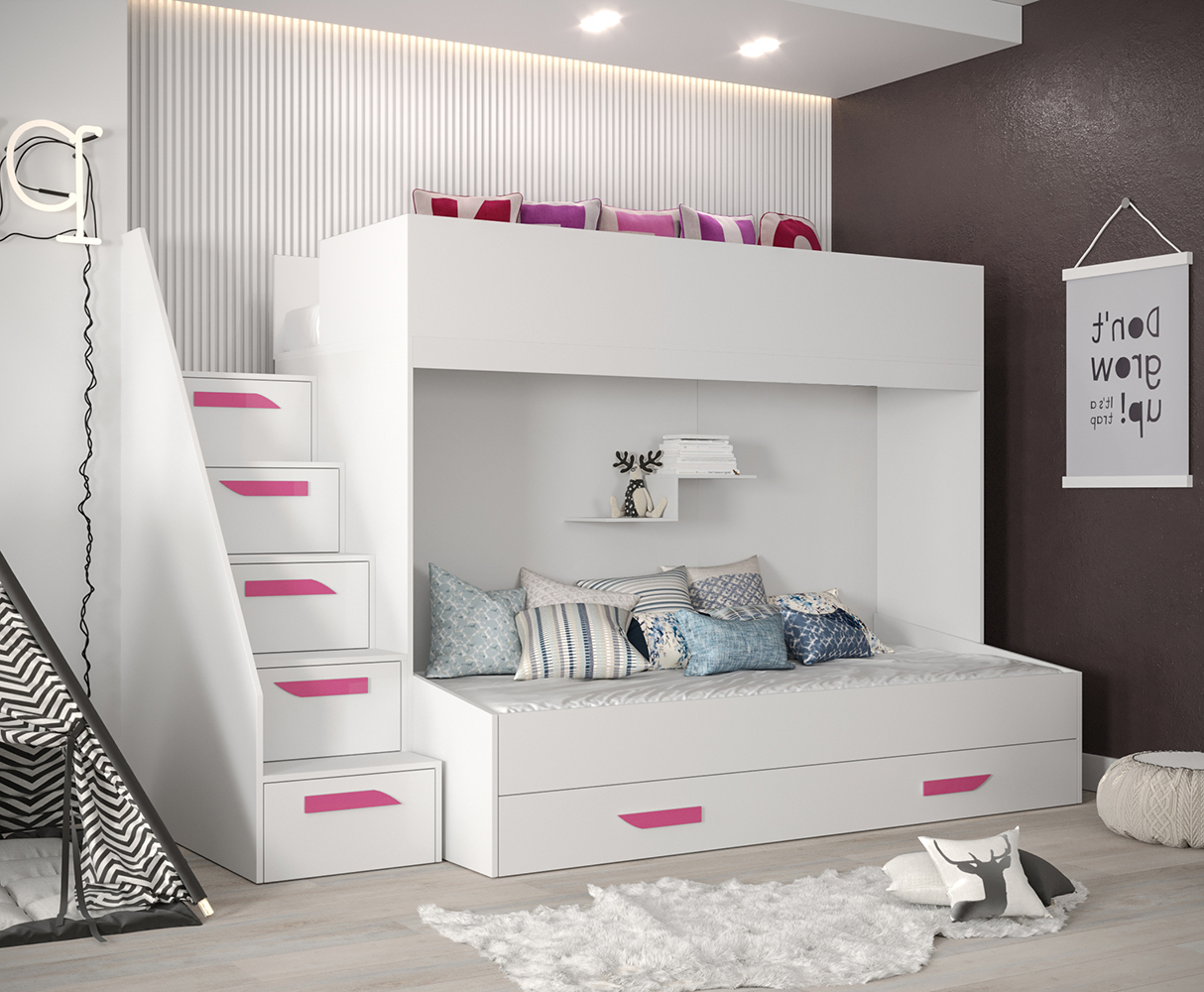 Dvoupatrová postel PARTY 16 | bílá/bílá-lesk-růžové úchyty | UNIVERZÁLNÍ