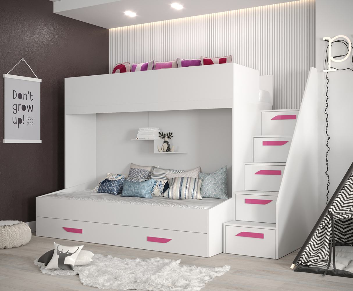 Dvoupatrová postel PARTY 16 | bílá/bílá-lesk-růžové úchyty | UNIVERZÁLNÍ