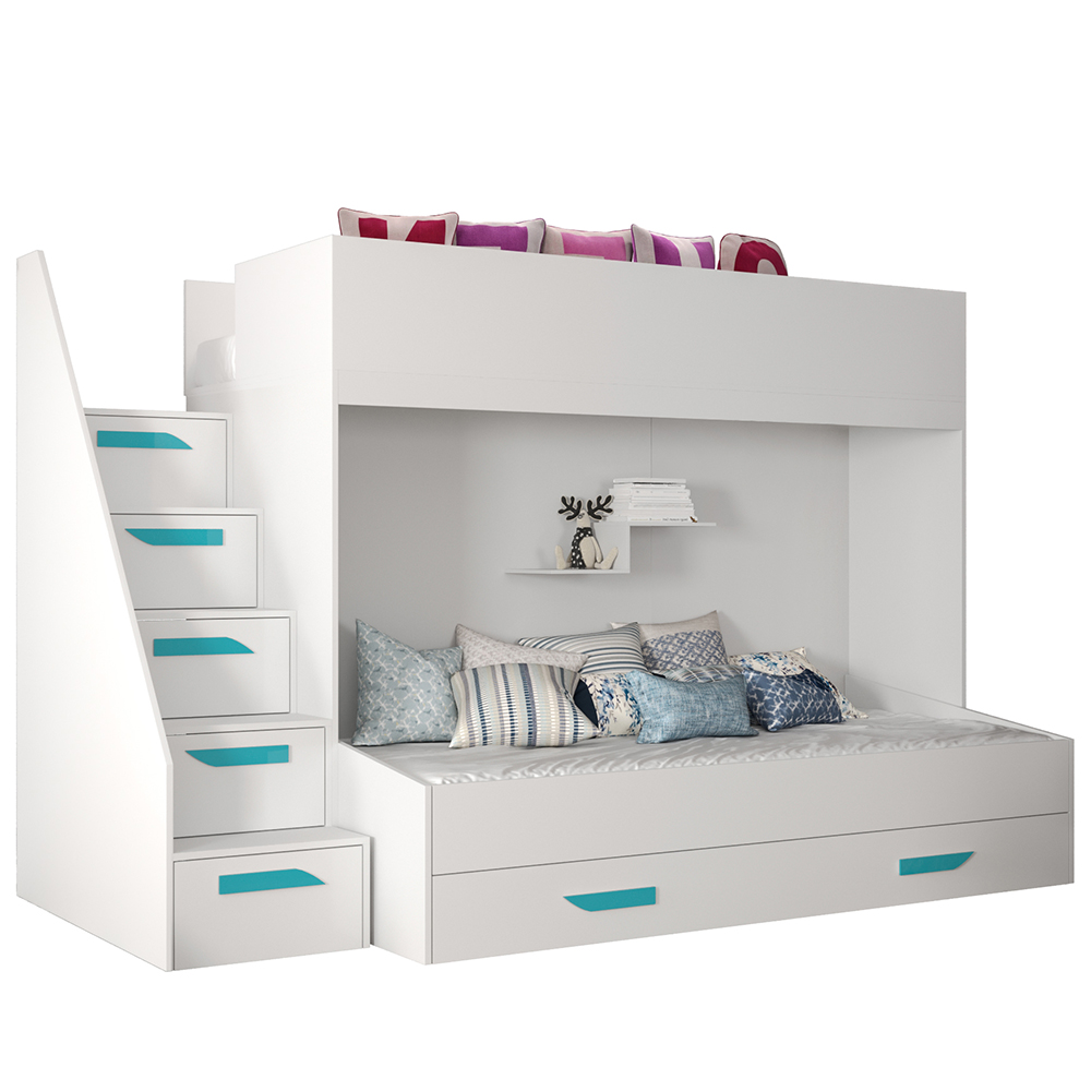 Dvoupatrová postel PARTY 16 | bílá/bílá-lesk-tyrkysové úchyty | UNIVERZÁLNÍ