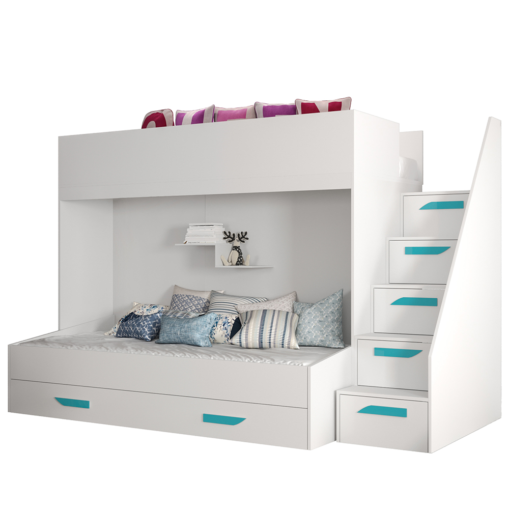 Dvoupatrová postel PARTY 16 | bílá/bílá-lesk-tyrkysové úchyty | UNIVERZÁLNÍ