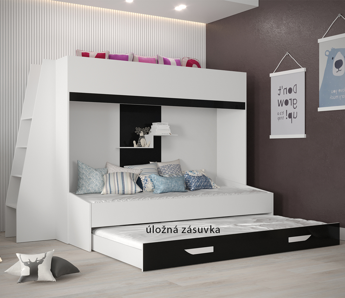 Dvoupatrová postel PARTY 17 | bílá/tyrkysová-lesk | UNIVERZÁLNÍ