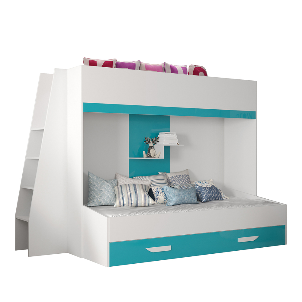 Dvoupatrová postel PARTY 17 | bílá/tyrkysová-lesk | UNIVERZÁLNÍ