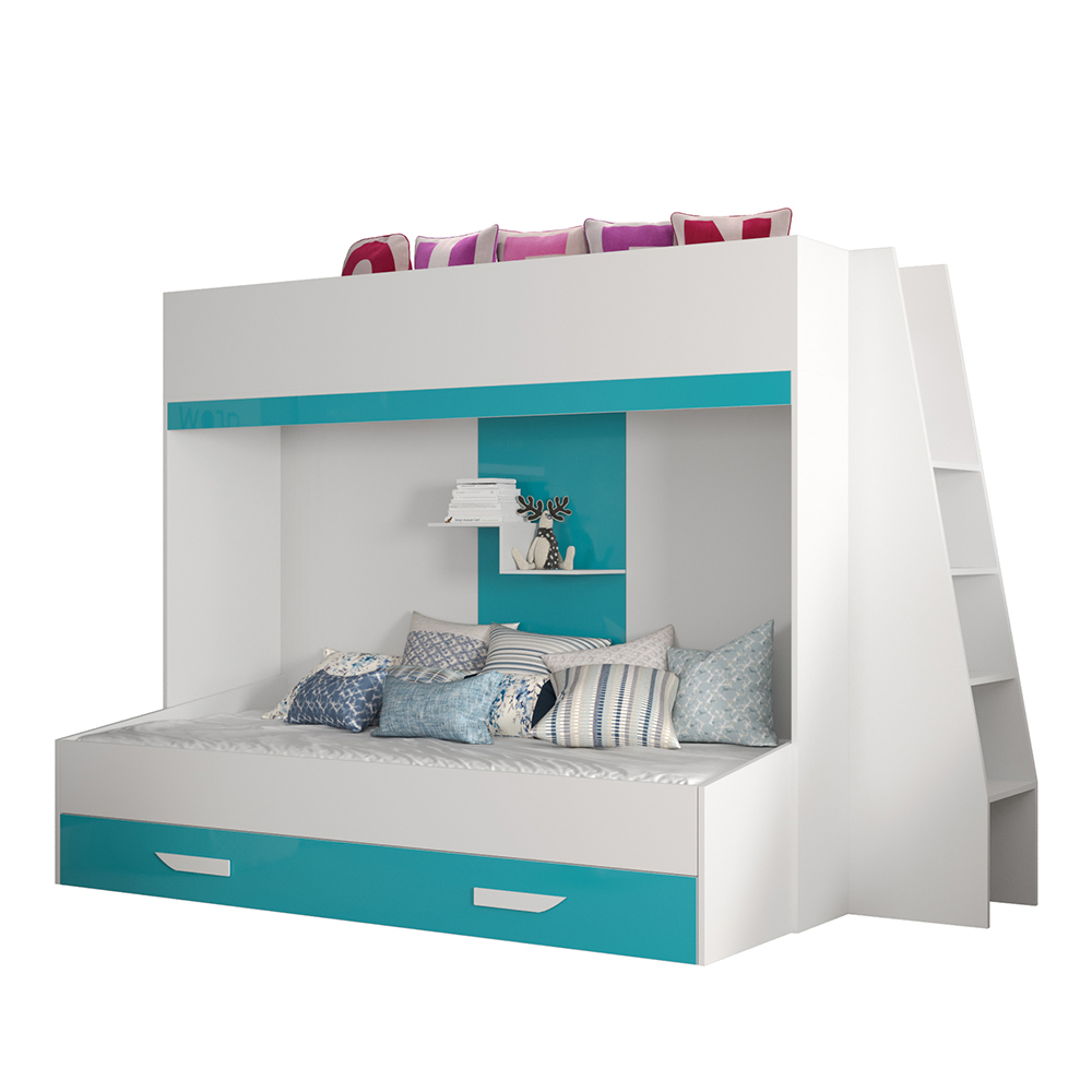 Dvoupatrová postel PARTY 17 | bílá/tyrkysová-lesk | UNIVERZÁLNÍ