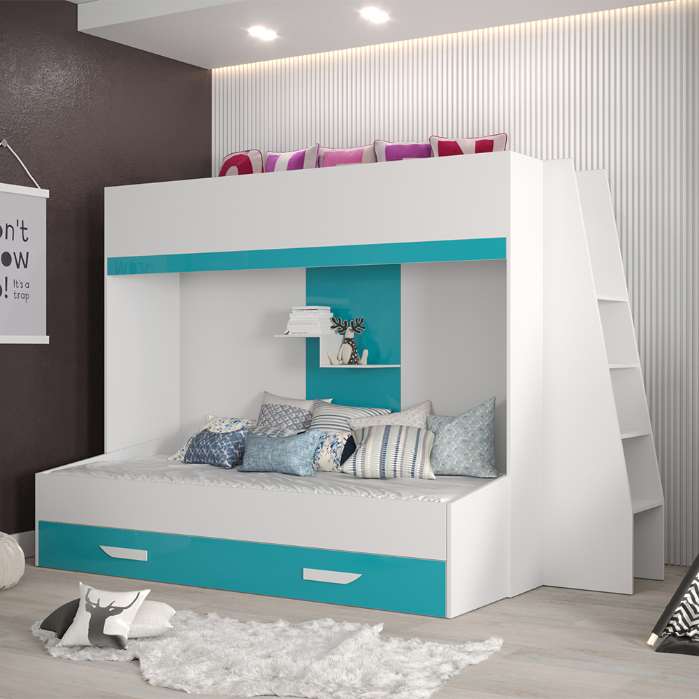 Dvoupatrová postel PARTY 17 | bílá/tyrkysová-lesk | UNIVERZÁLNÍ