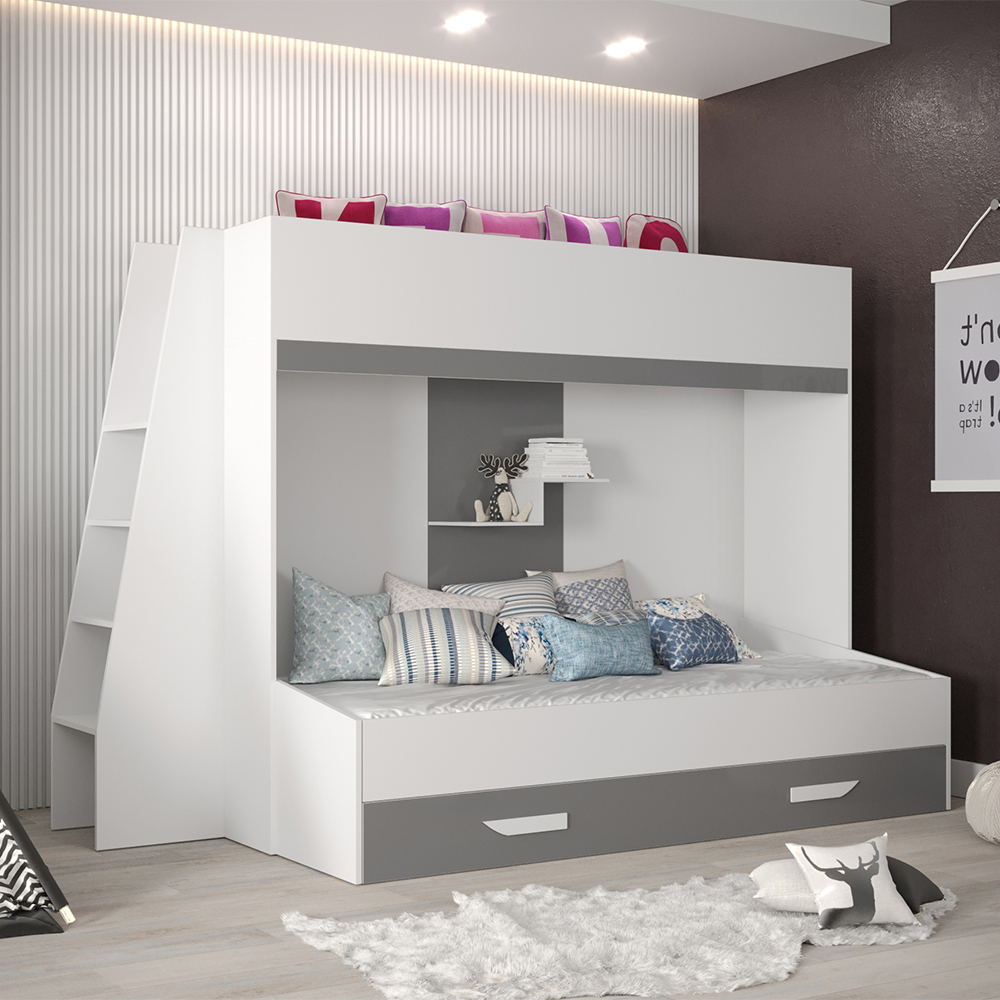 Dvoupatrová postel PARTY 17 | bílá/šedá-lesk | UNIVERZÁLNÍ