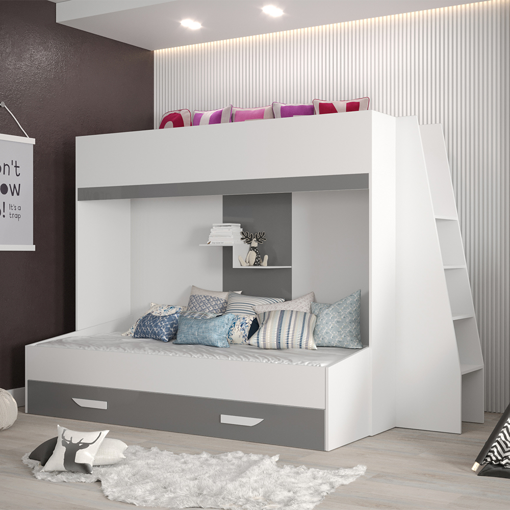 Dvoupatrová postel PARTY 17 | bílá/šedá-lesk | UNIVERZÁLNÍ