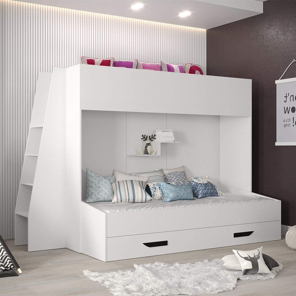 Dvoupatrová postel PARTY 17 | bílá/bílá-lesk-černé úchyty | UNIVERZÁLNÍ