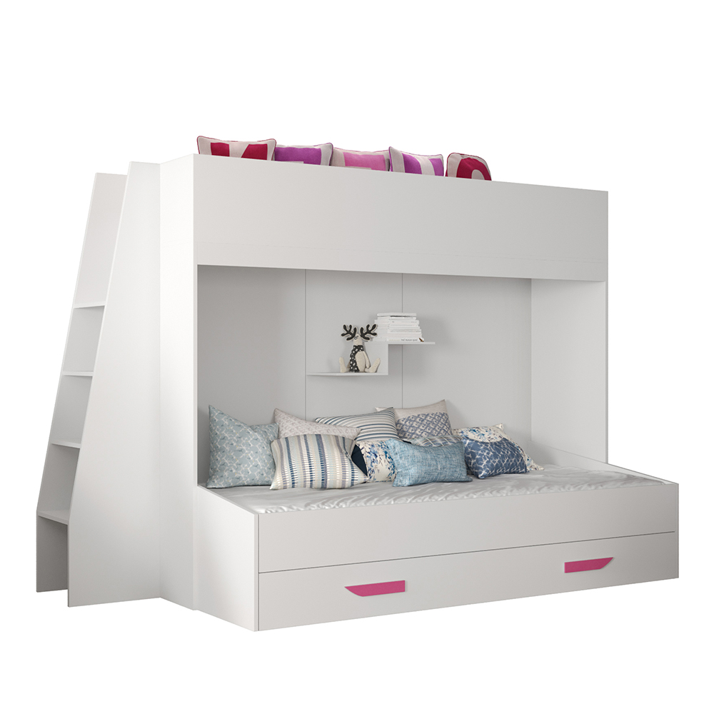 Dvoupatrová postel PARTY 17 | bílá/bílá-lesk-růžové úchyty | UNIVERZÁLNÍ