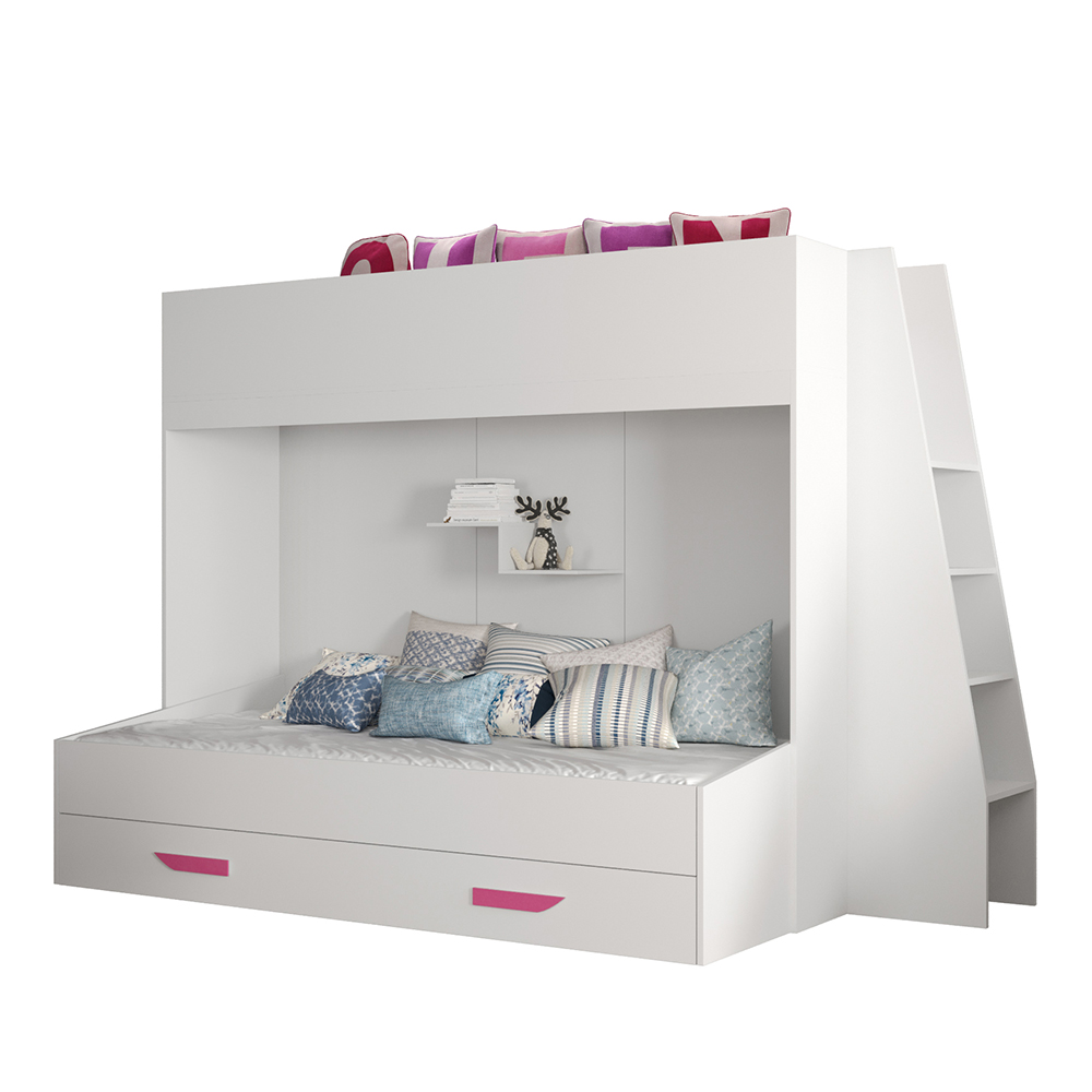 Dvoupatrová postel PARTY 17 | bílá/bílá-lesk-růžové úchyty | UNIVERZÁLNÍ