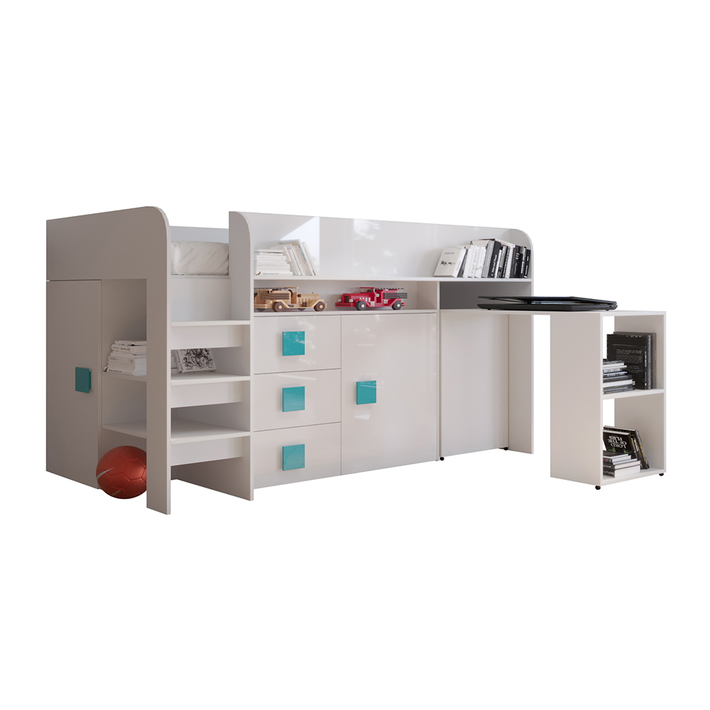 Patrová postel TOLEDO 1 | bílá/bílá-lesk-tyrkysové úchyty | UNIVERZÁLNÍ