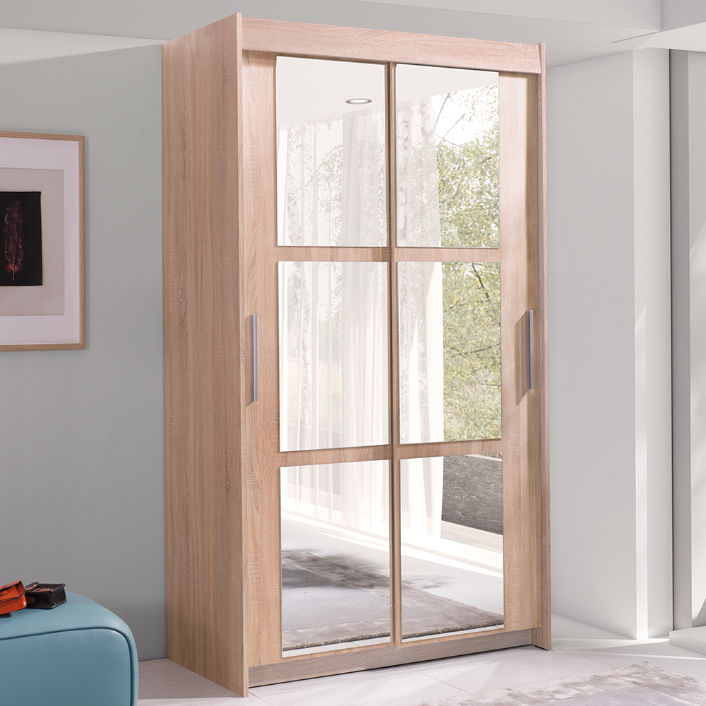 Šatní skříň KARO | 100 cm | se zrcadlem | posuvné dveře | sonoma