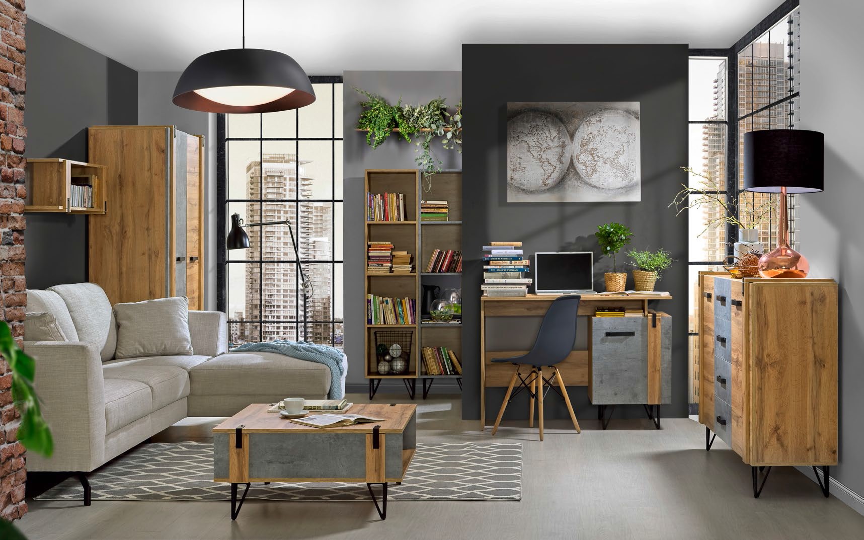 Lofter - psací stůl LO9 - dub wotan/beton millenium